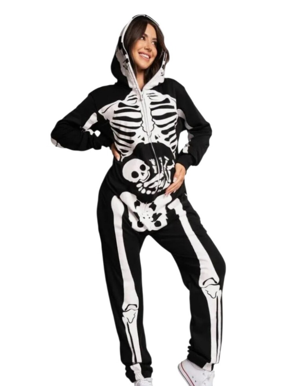 Tipsy Elves Skeleton One-Piece Hooded Maternity Jumpsuit Black White Zip Up
